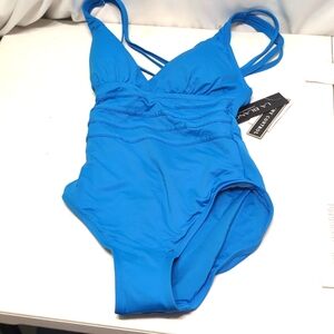 La Blanca blue tummy control one piece bathing suit criss cross straps size 4